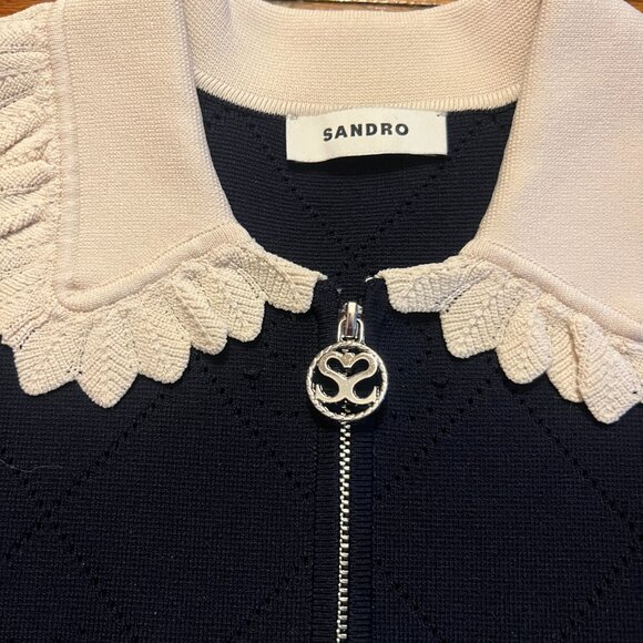 Sandro Navy Blue Patterned Knit Zip-Up Mini Dress - Picture 5 of 13